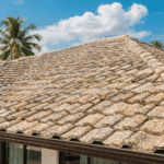 Stone coated metal roof on tropical home with palm trees and bright sunshine