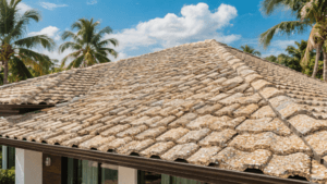 Stone coated metal roof on tropical home with palm trees and bright sunshine