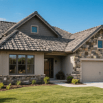 Stone coated metal roof home with warranty protection document concept