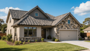 Stone coated metal roof home with warranty protection document concept